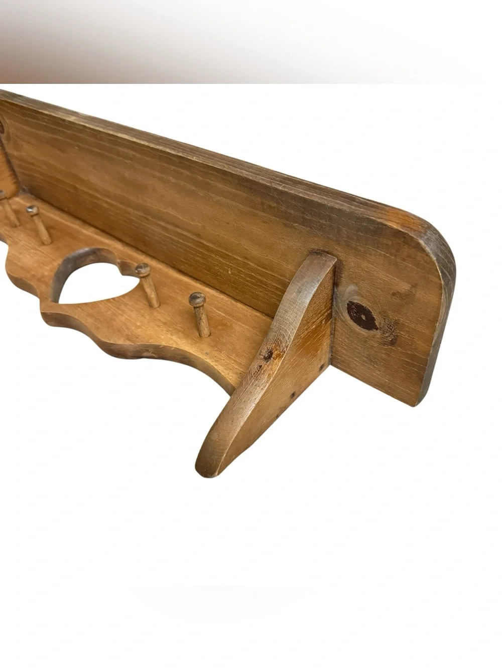 Vintage Rustic Wooden Wall Shelf With A Prominent Heart-Shape Cutout 4 Peg Hooks